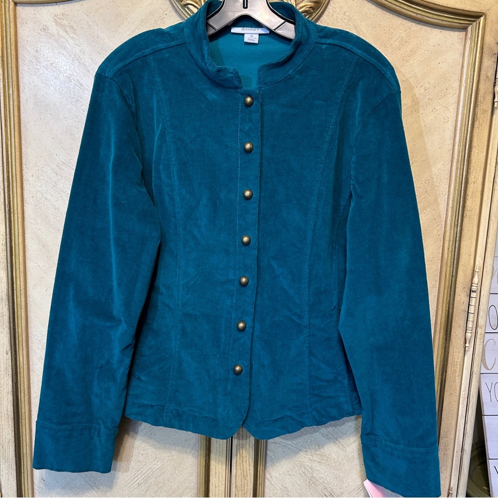 Dressbarn Teal Velvet Military Dome Snap Button Front Jacket NEW NWT